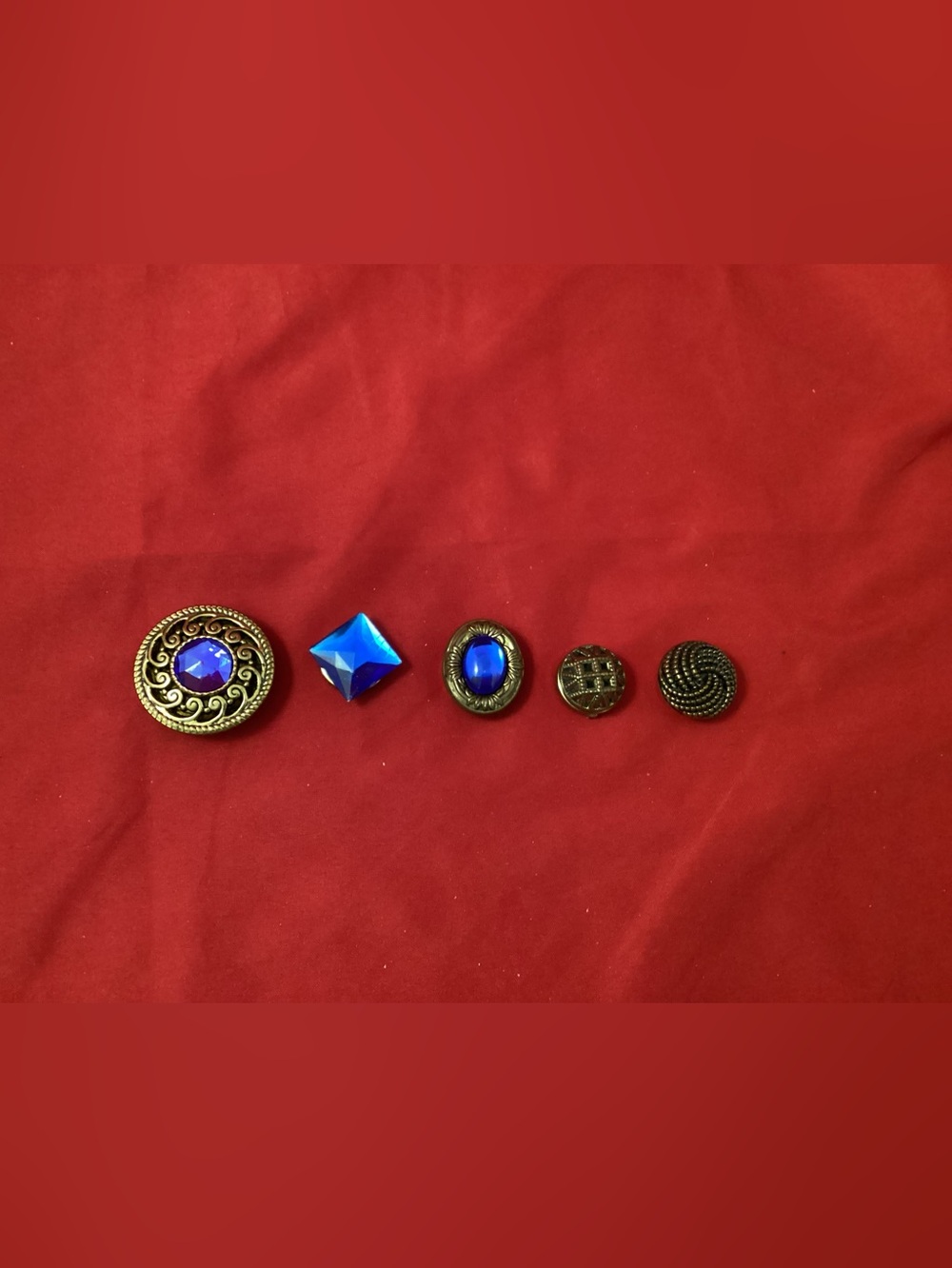 Vintage brass cover Buttons with Blue Accents signed Nony New York